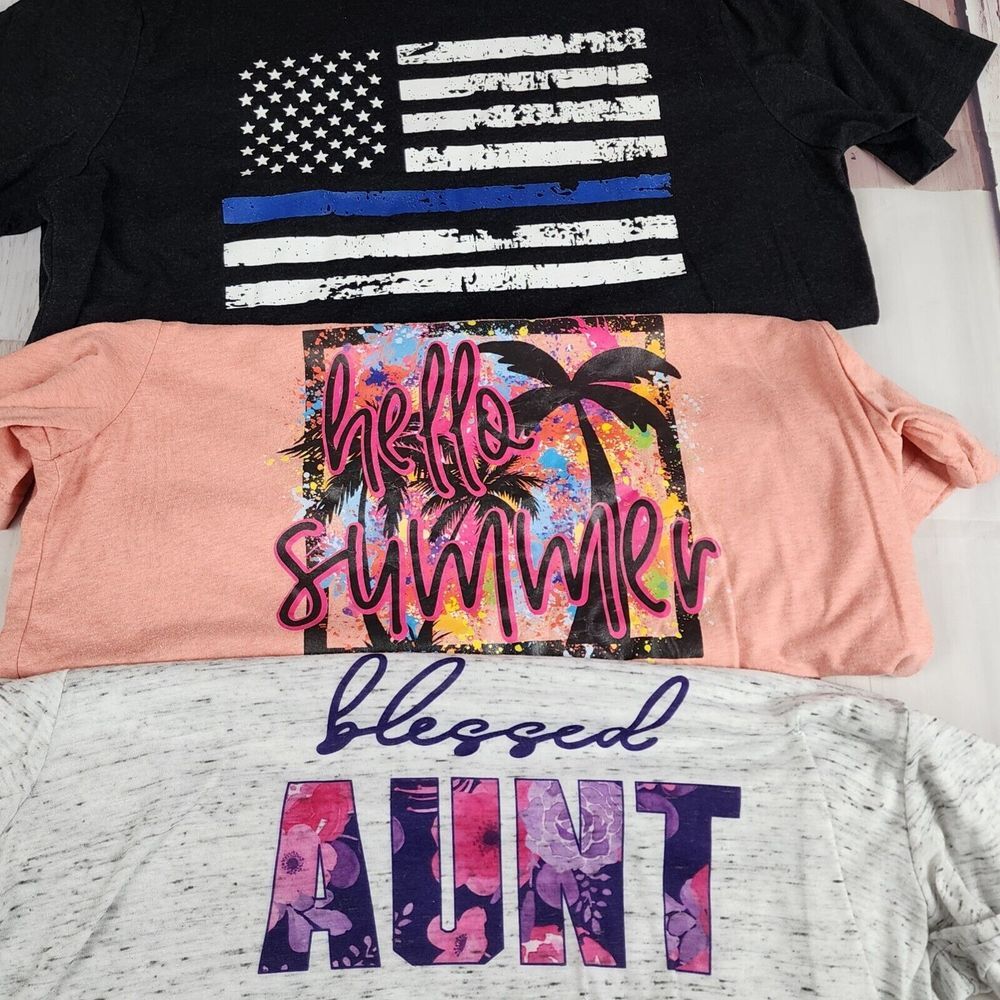 Womens Large Lot Of 3 Bella Tshirt Summer BlueLine Peach Gray Black Blessed Aunt